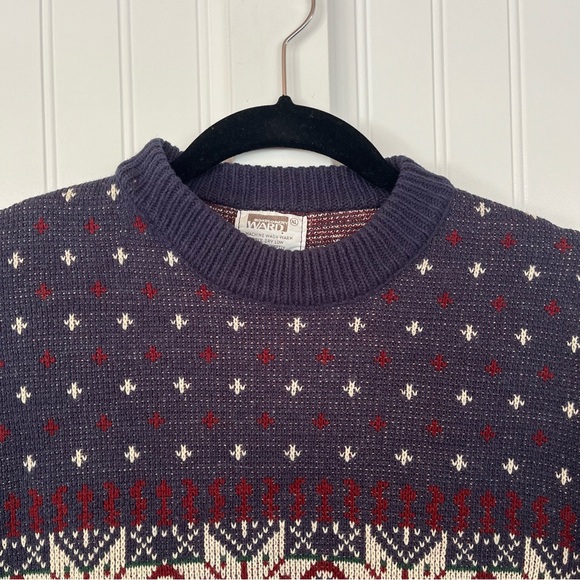 Vintage Mens Crewneck Sweater Snowflake Pattern Ski Knit Navy Blue Maroon Large - Picture 4 of 11